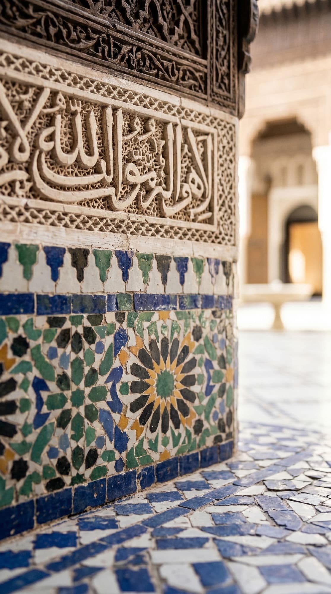 Bahia Palace intricate zellige tiles and carved stucco — Marrakech