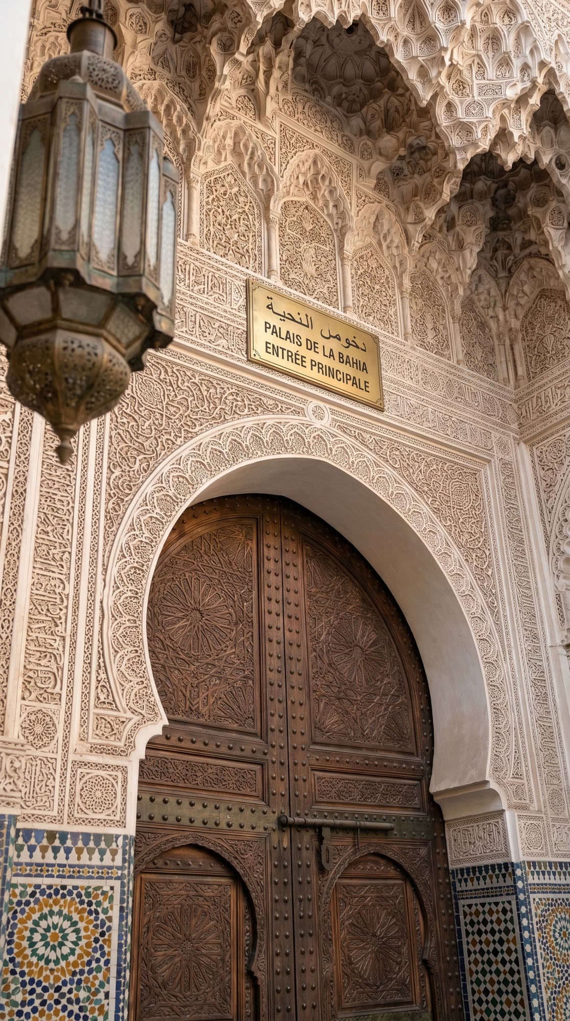 The main entrance of the Bahia Palace in Marrakech, with its carved cedar doors and hanging lanterns
