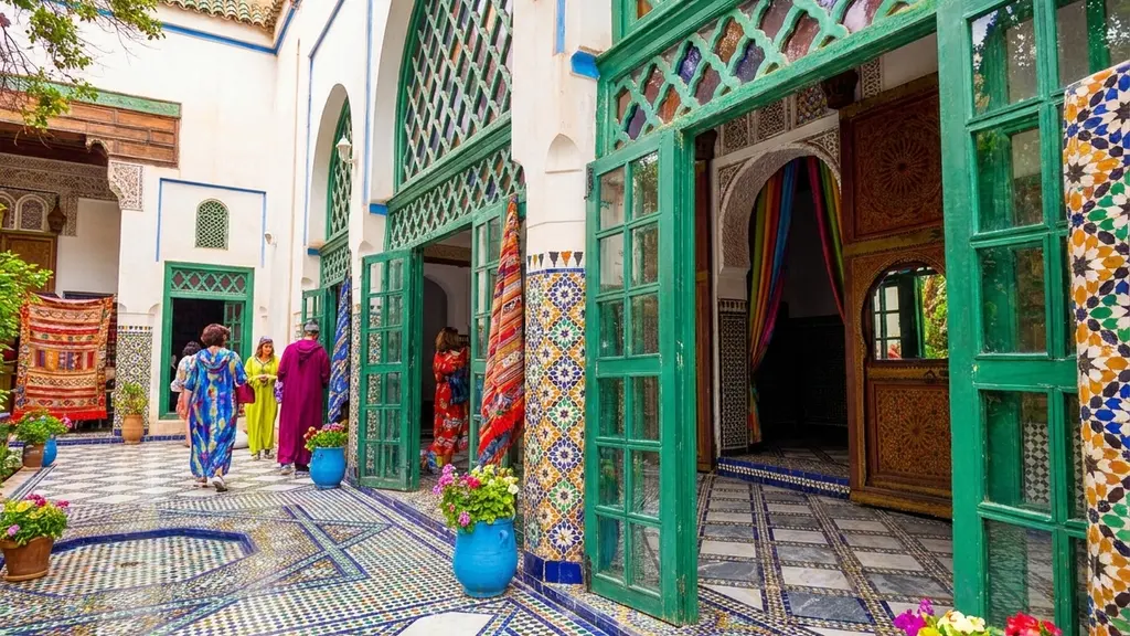 Visitors in the tiled courtyard of Bahia Palace, Marrakech, beside green-painted doors and carved cedar arches
